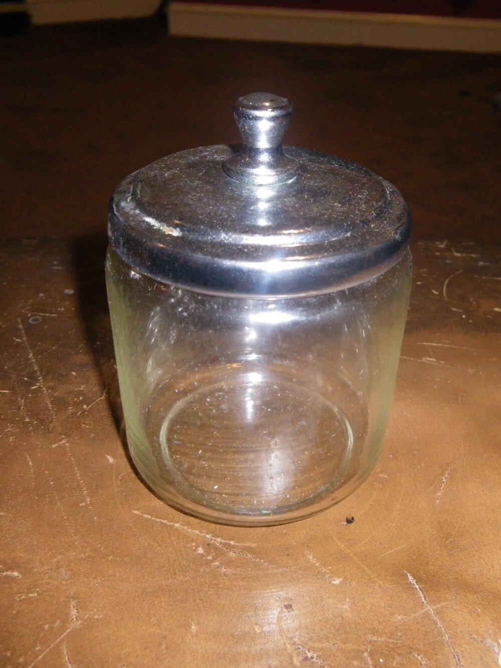 Vintage Small Glass Storage Jar w/ Metal Lid Bathroom